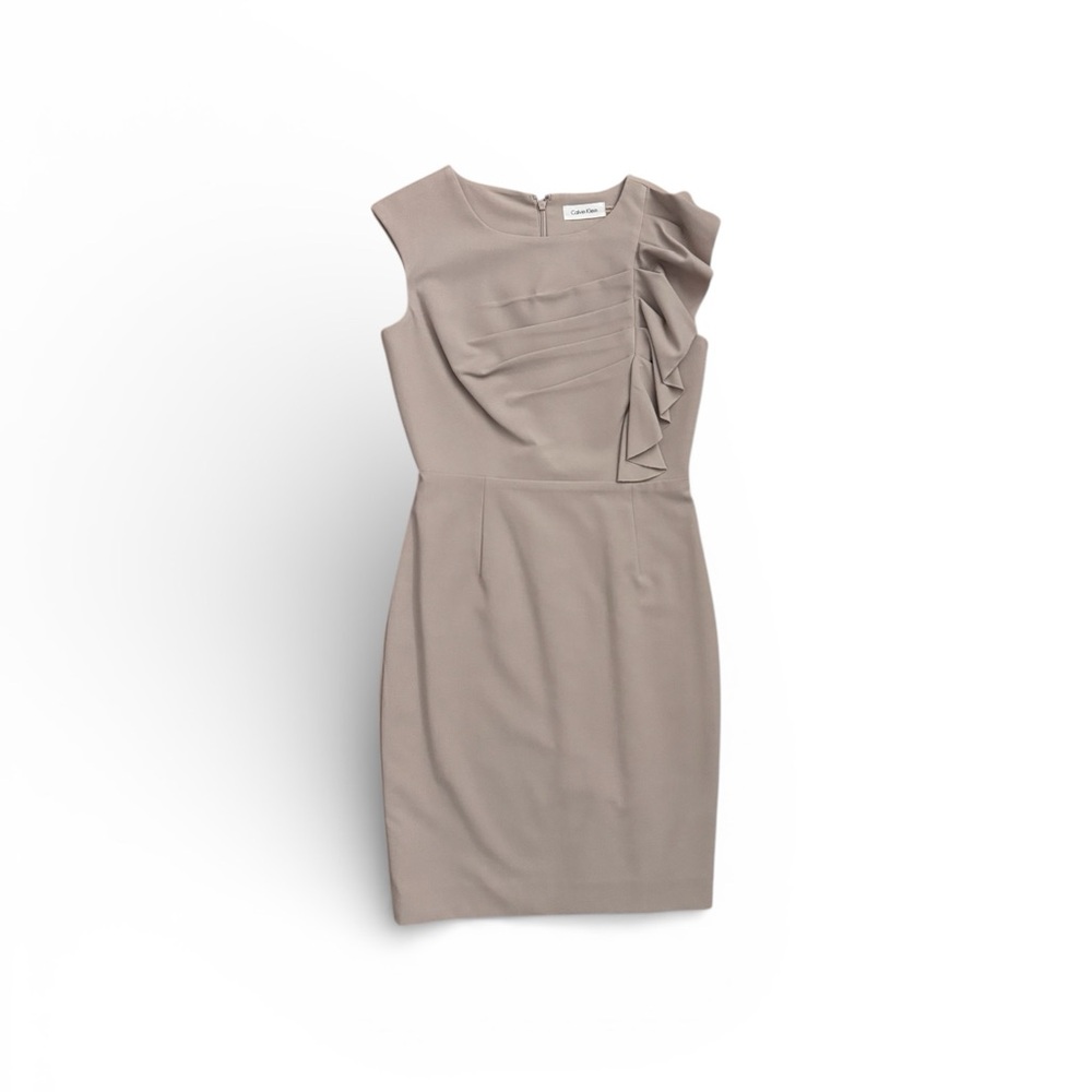 Calvin Klein Taupe Ruffle Sheath Dress – Modern Minimal – NWT
